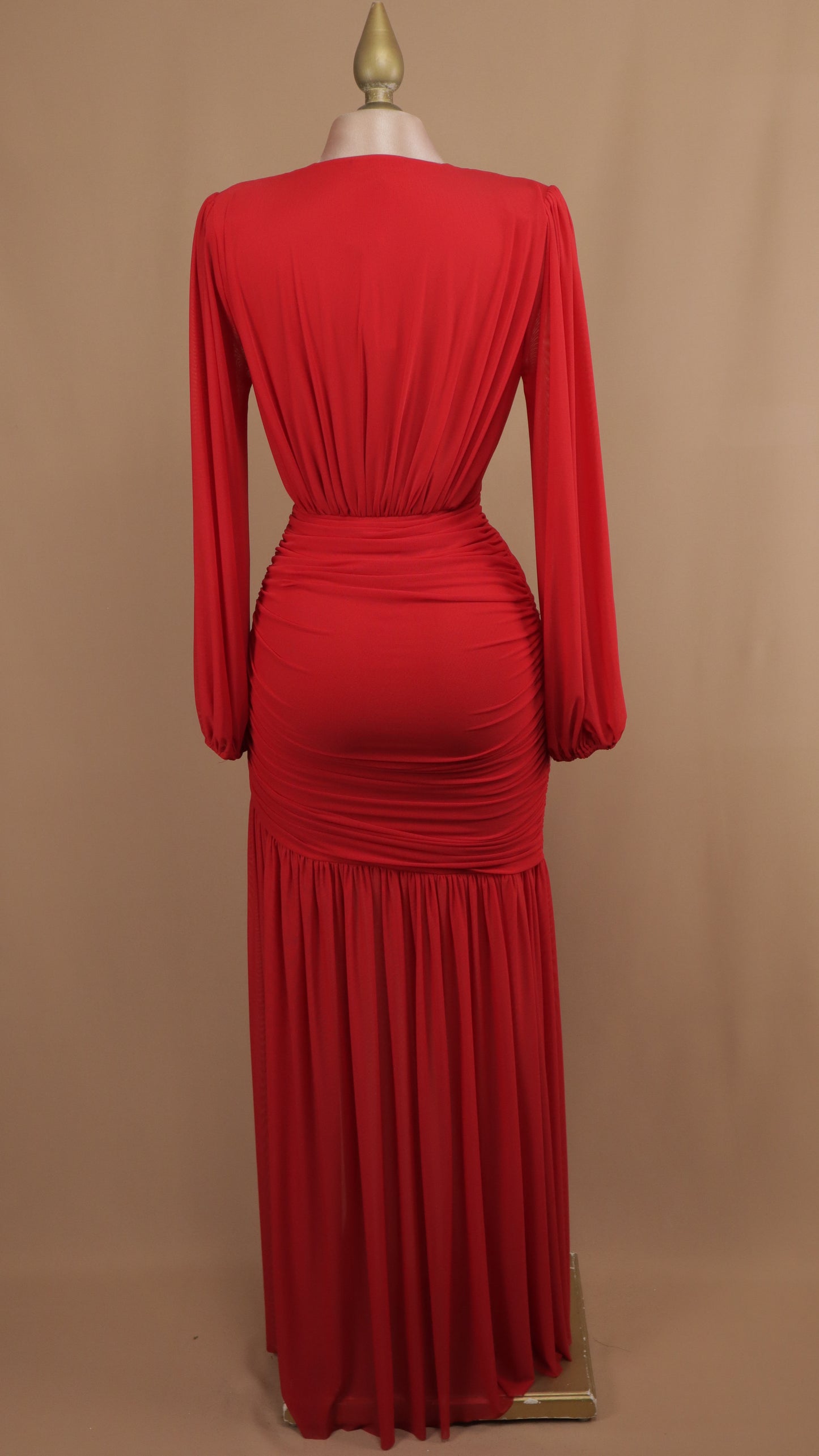 Vestido largo manga larga corrugado con escote en V