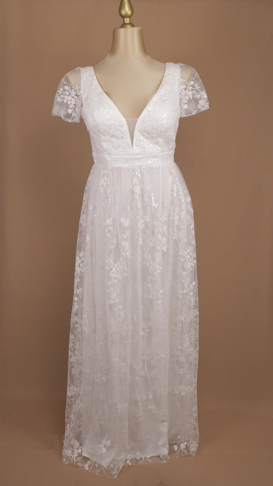 Vestido largo de novia talla extra con manga y lentejuela