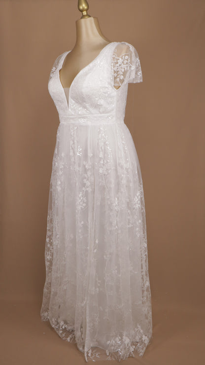 Vestido largo de novia talla extra con manga y lentejuela