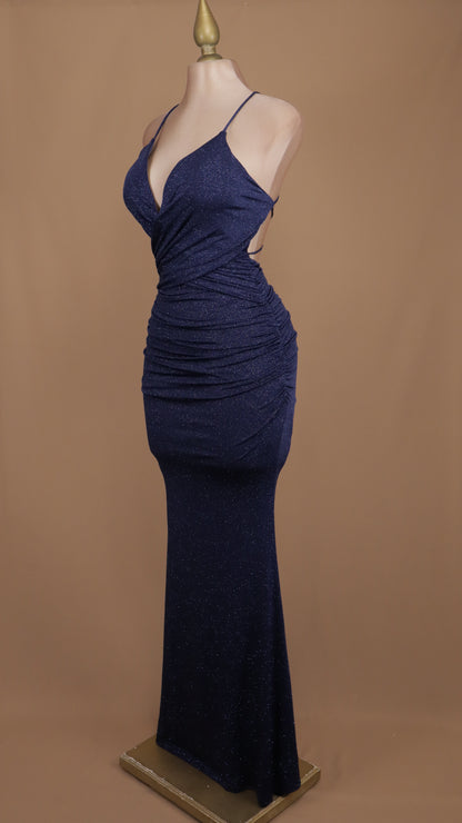 Vestido largo con escote en V y destellos