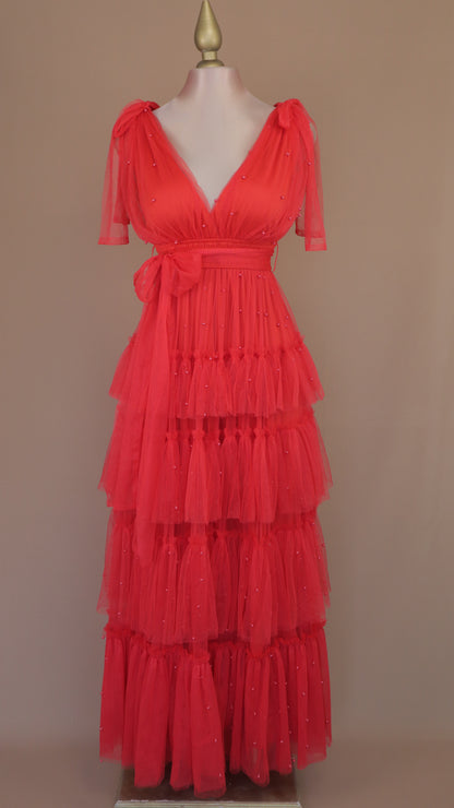 Vestido largo de tul con perlas
