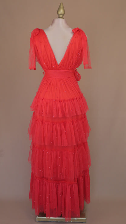 Vestido largo de tul con perlas