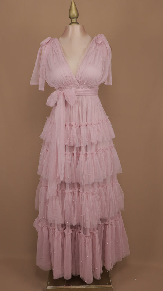 Vestido largo de tul con perlas