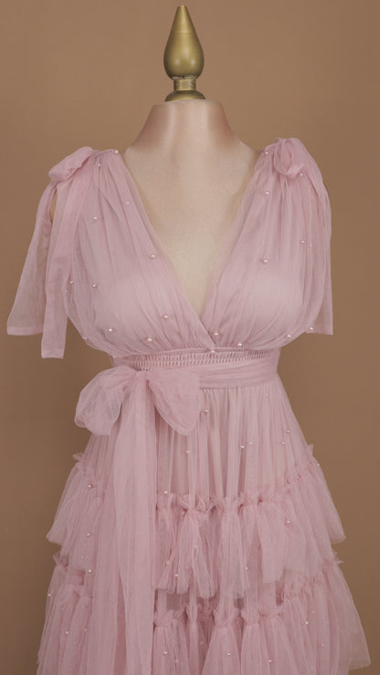 Vestido largo de tul con perlas