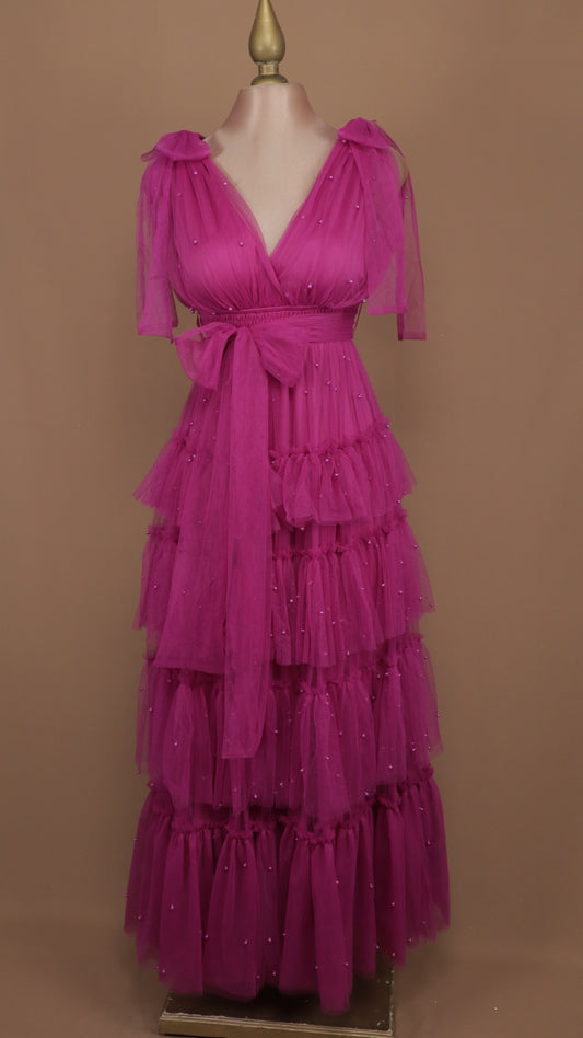 Vestido largo de tul con perlas