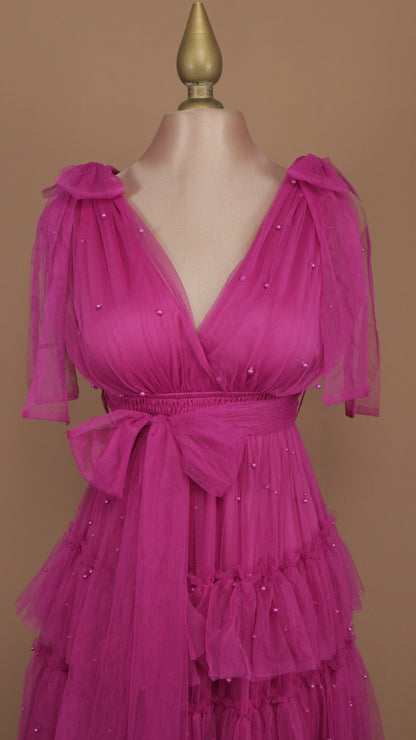 Vestido largo de tul con perlas