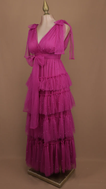 Vestido largo de tul con perlas