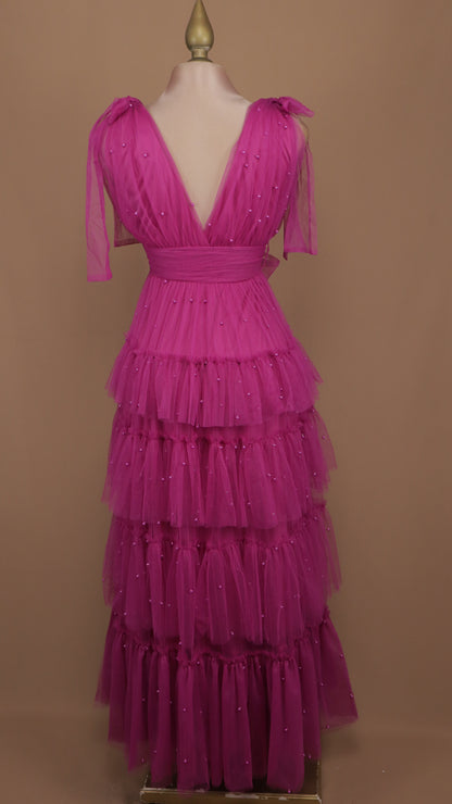 Vestido largo de tul con perlas