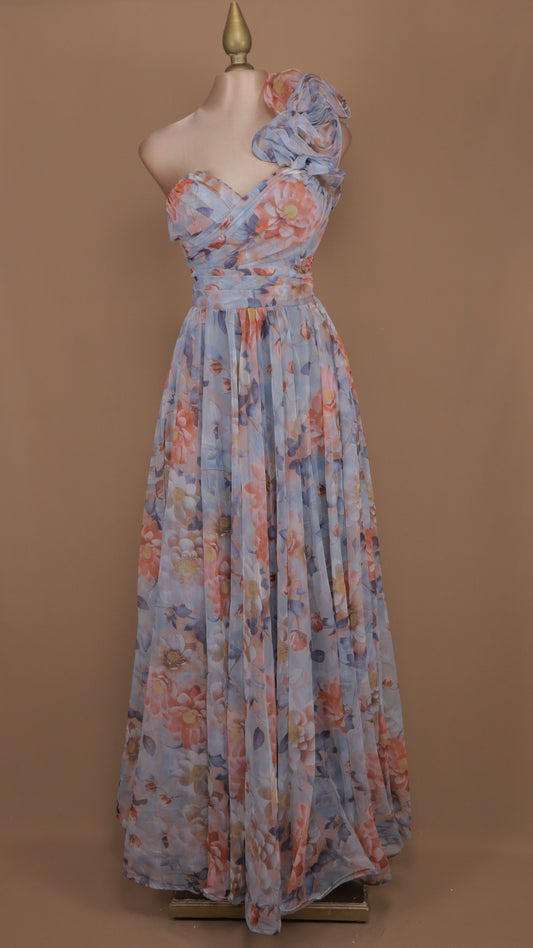 Vestido largo estampado con escarola en hombro