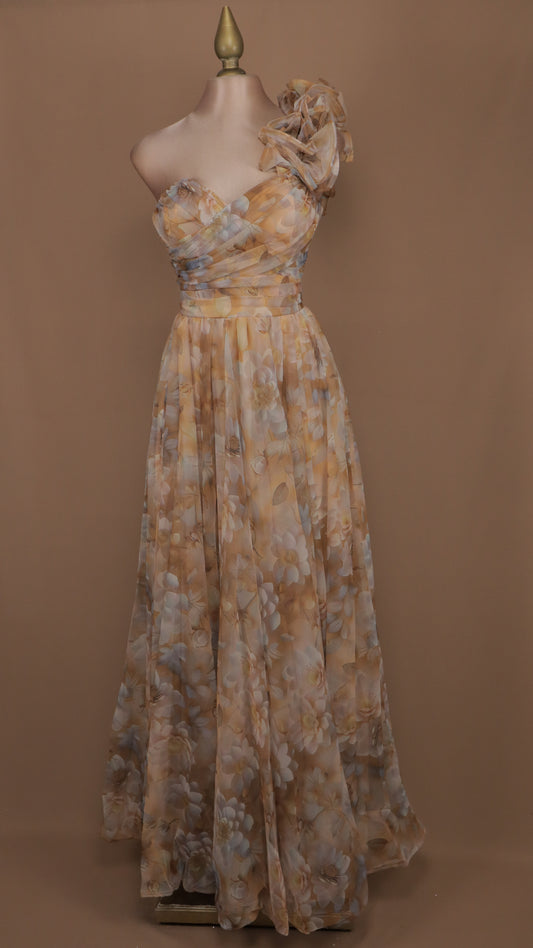 Vestido largo estampado con escarola en hombro