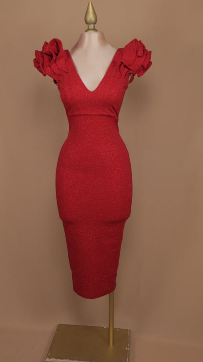 Vestido midi con escarolas y destellos