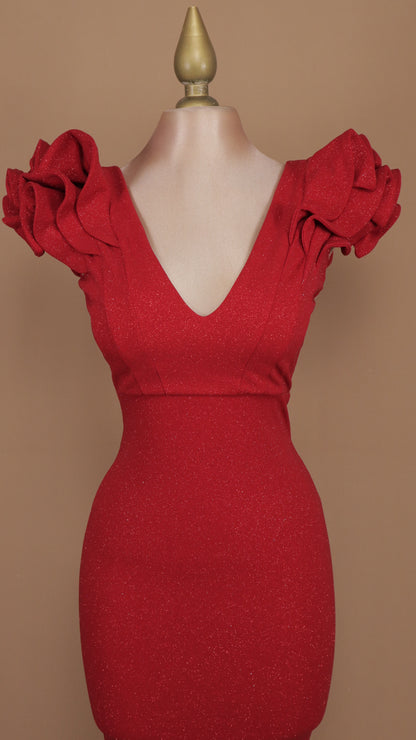 Vestido midi con escarolas y destellos