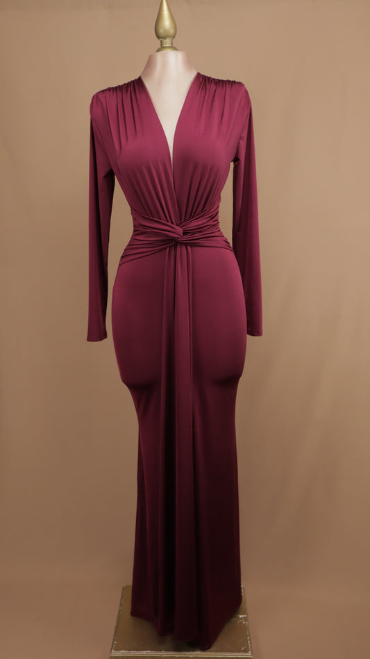 Vestido largo manga larga de licra con escote en V