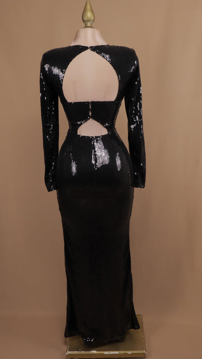 Vestido largo de noche con manga larga y lentejuelas