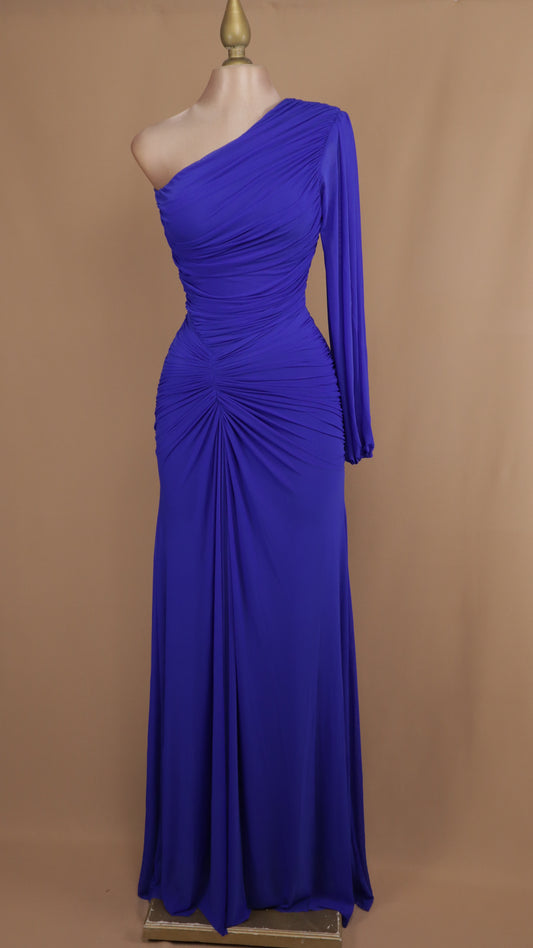 Vestido largo asimétrico manga larga plisado en cintura