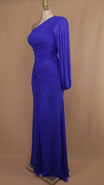 Vestido largo asimétrico manga larga plisado en cintura