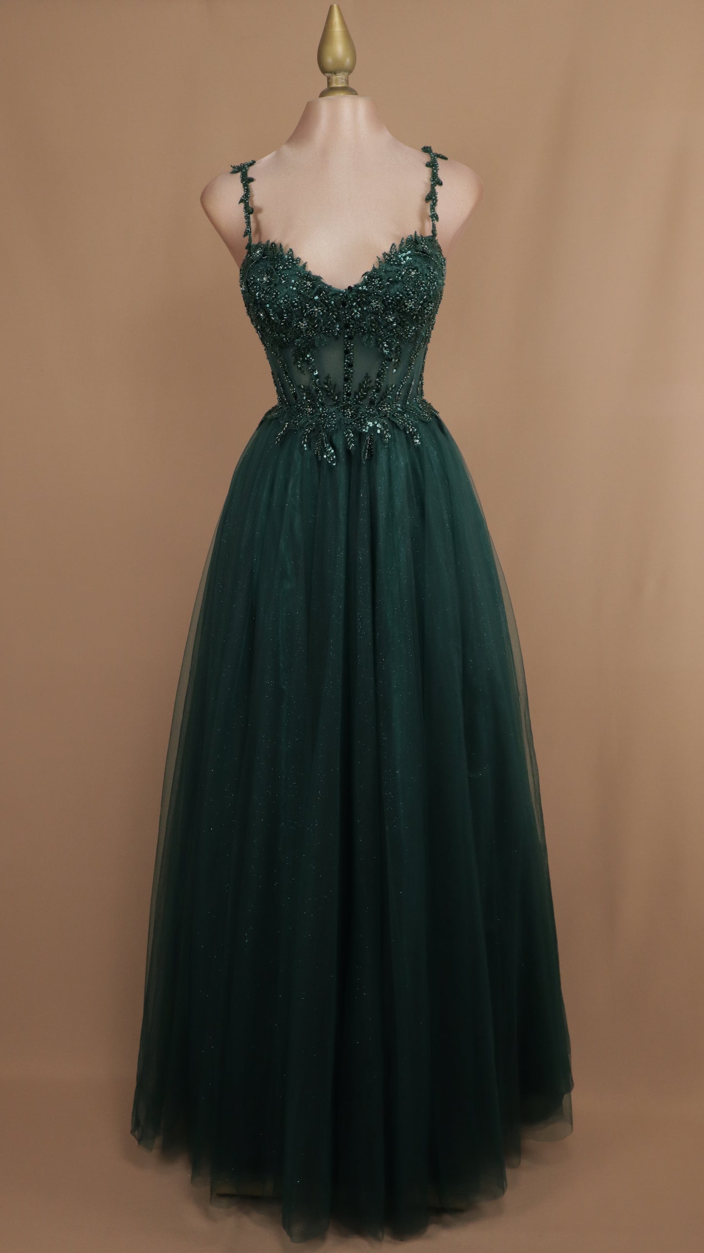 Vestido largo corte princesa con aplicación y corset