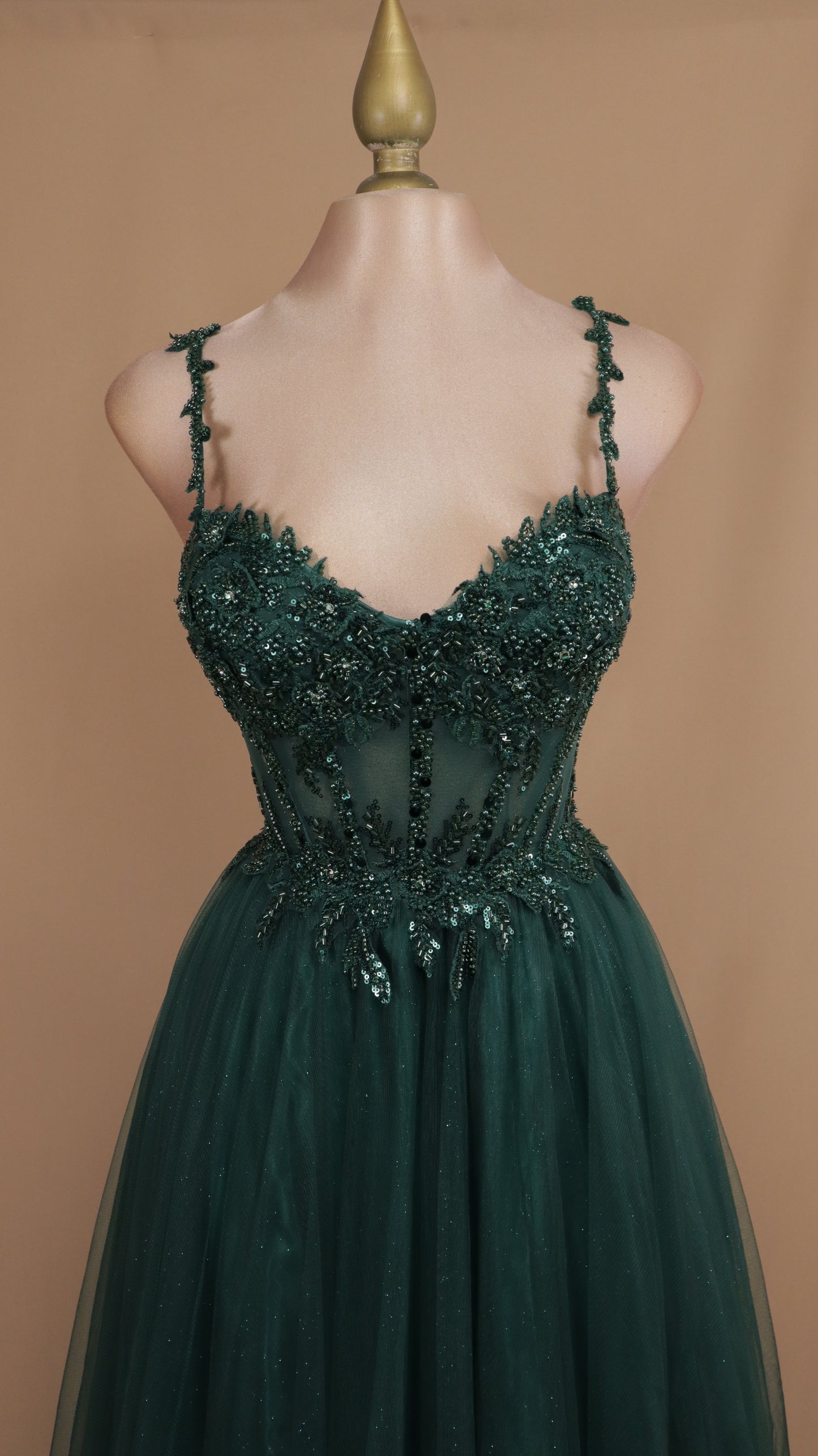 Vestido largo corte princesa con aplicación y corset
