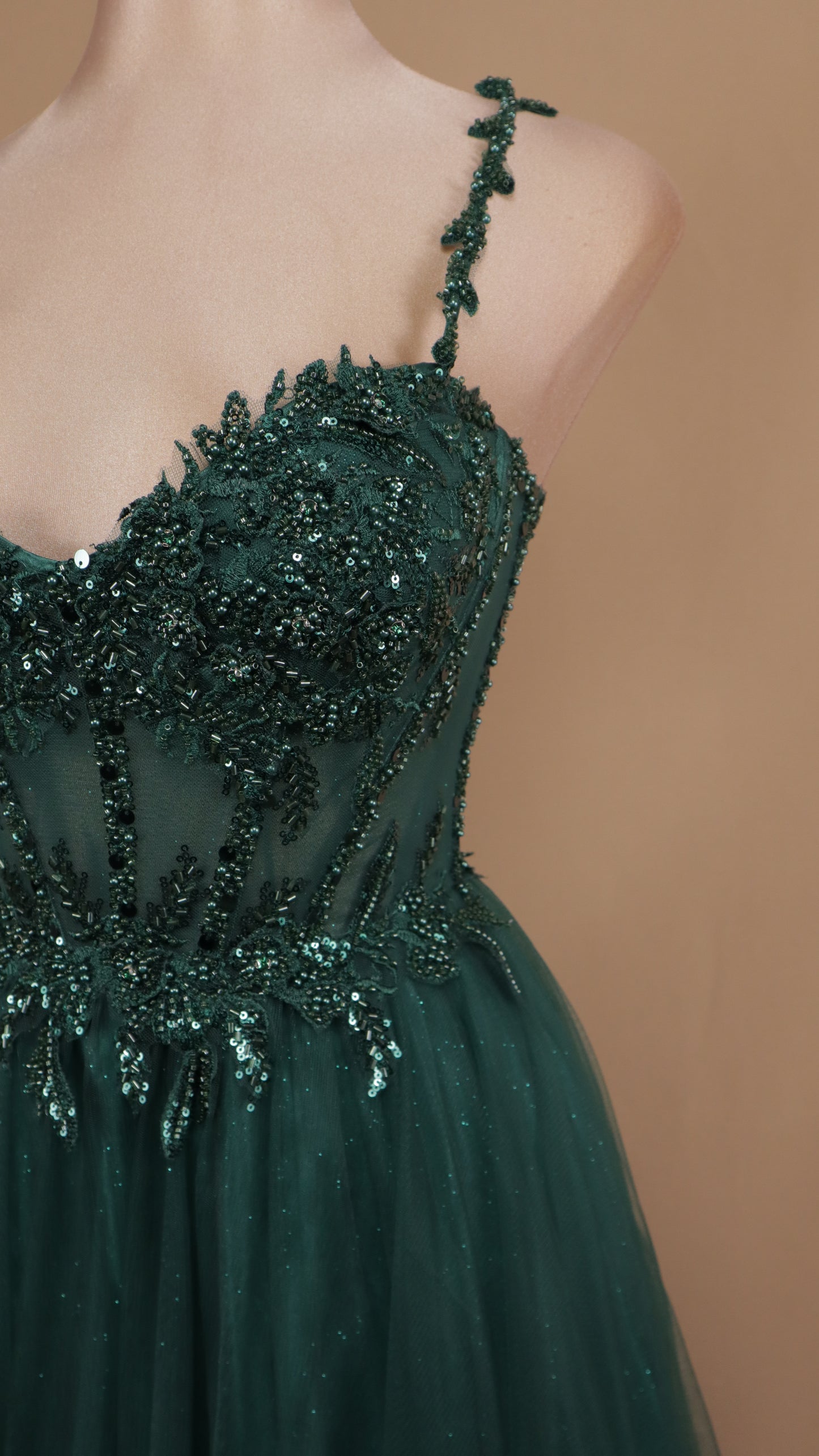 Vestido largo corte princesa con aplicación y corset