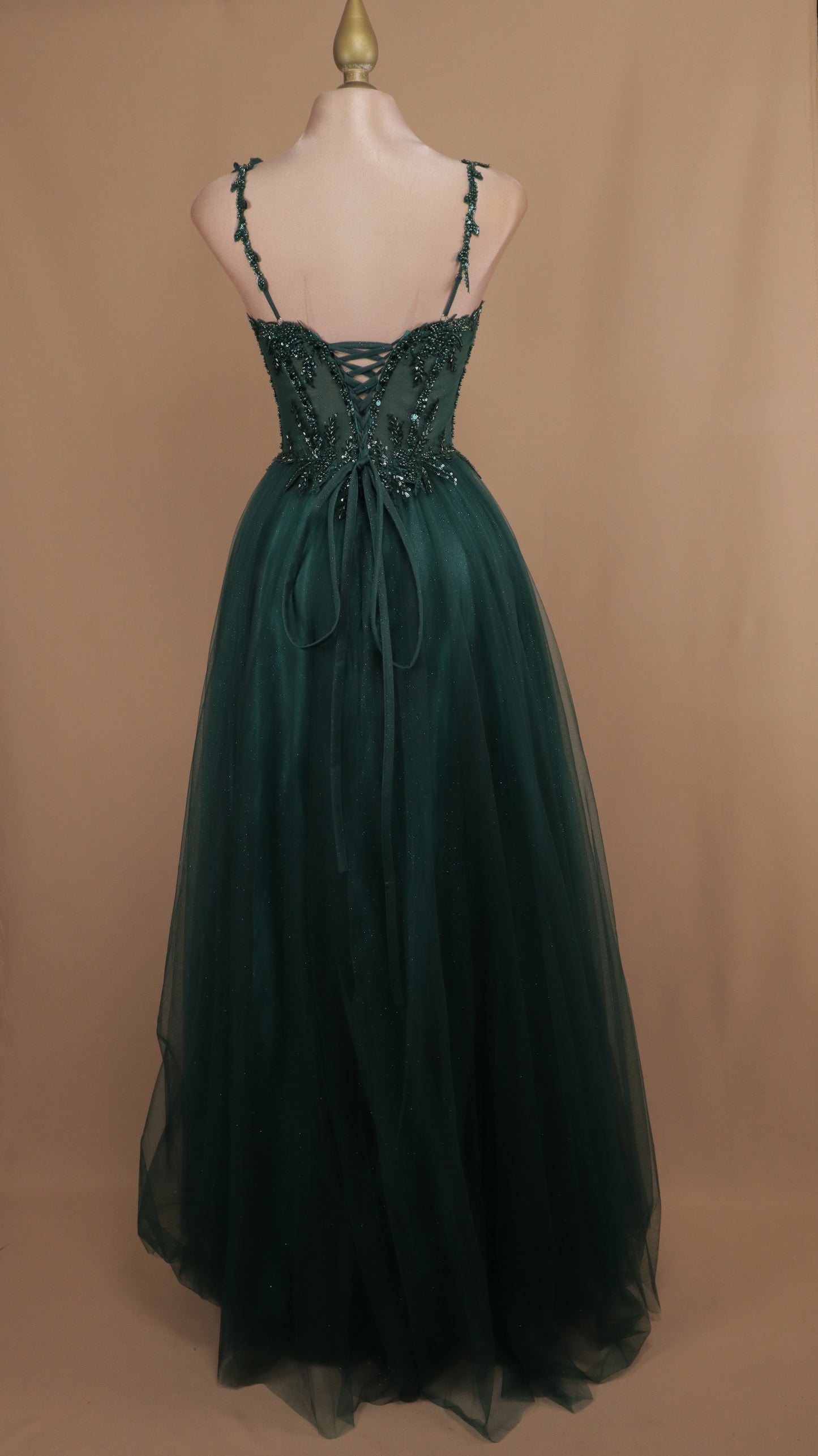 Vestido largo corte princesa con aplicación y corset