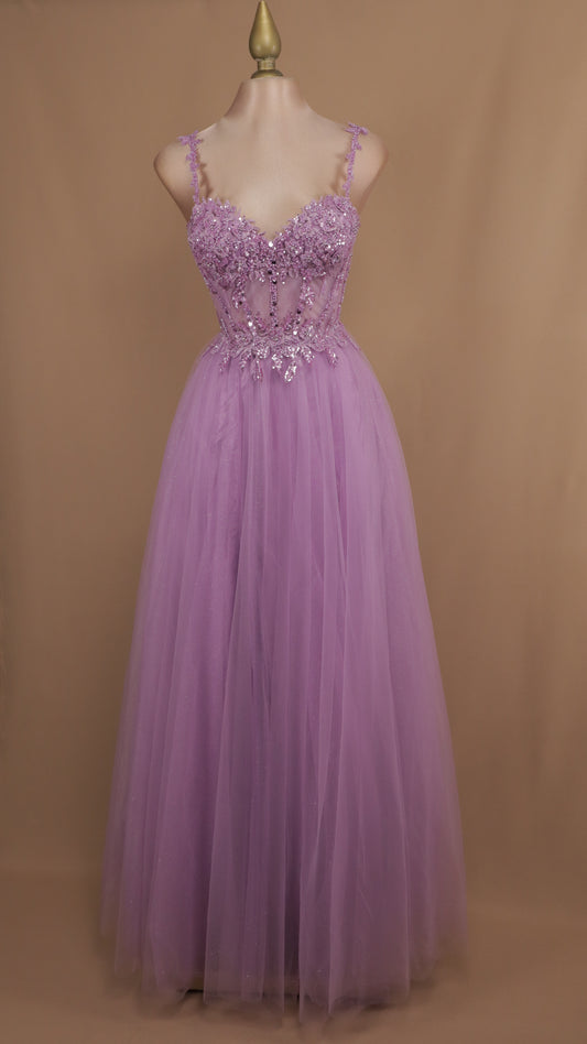 Vestido largo corte princesa con aplicación y corset