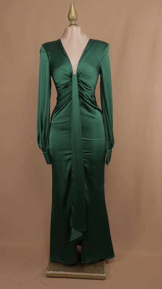 Vestido largo satinado con manga larga