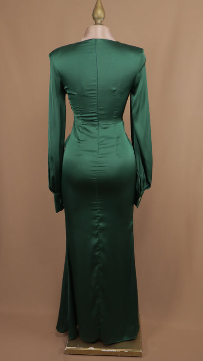 Vestido largo satinado con manga larga