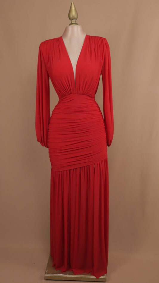 Vestido largo manga larga corrugado con escote en V