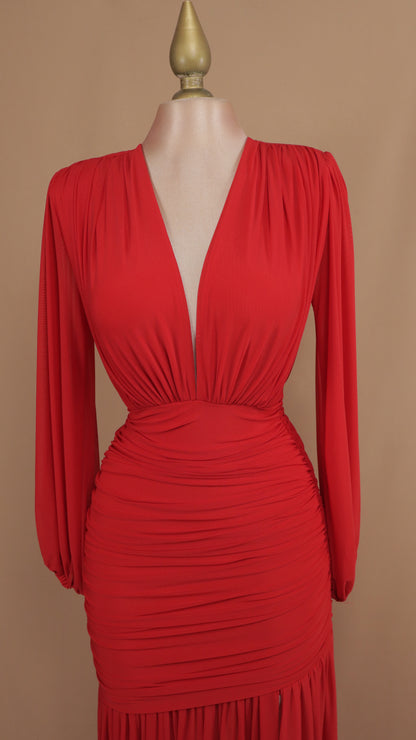 Vestido largo manga larga corrugado con escote en V