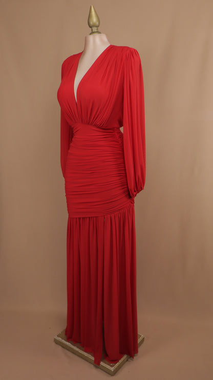 Vestido largo manga larga corrugado con escote en V