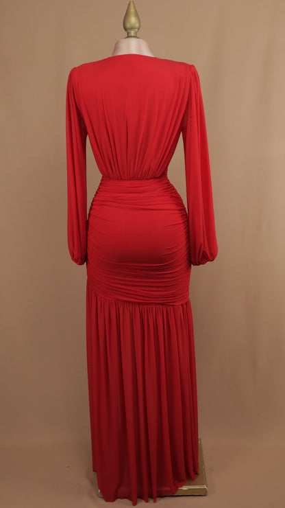 Vestido largo manga larga corrugado con escote en V