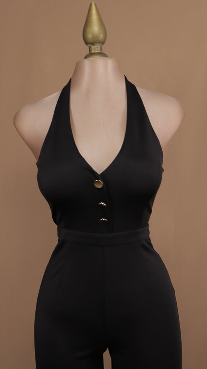 Palazzo pegadito cuello halter con botones dorados