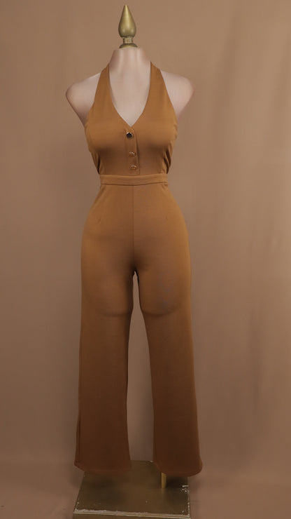 Palazzo pegadito cuello halter con botones dorados