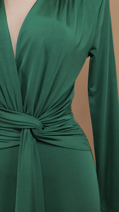 Vestido largo manga larga de licra con escote en V