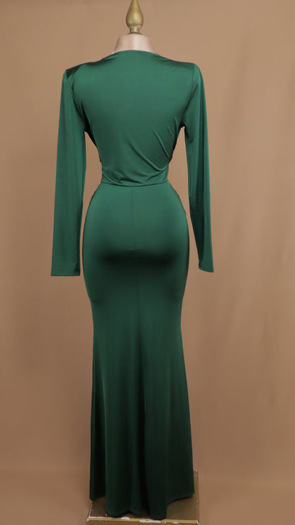 Vestido largo manga larga de licra con escote en V