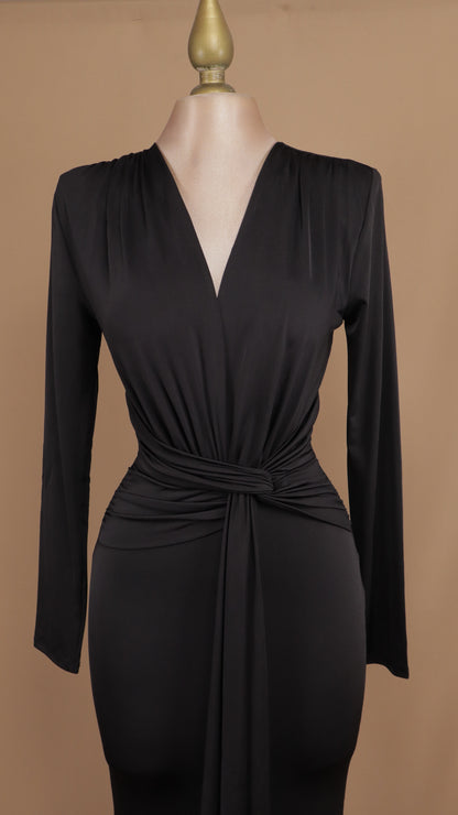 Vestido largo manga larga de licra con escote en V