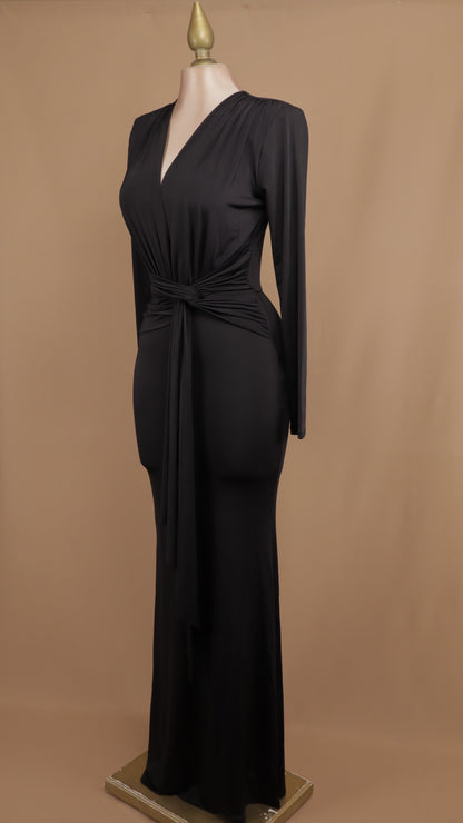 Vestido largo manga larga de licra con escote en V