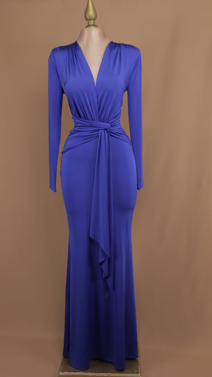 Vestido largo manga larga de licra con escote en V