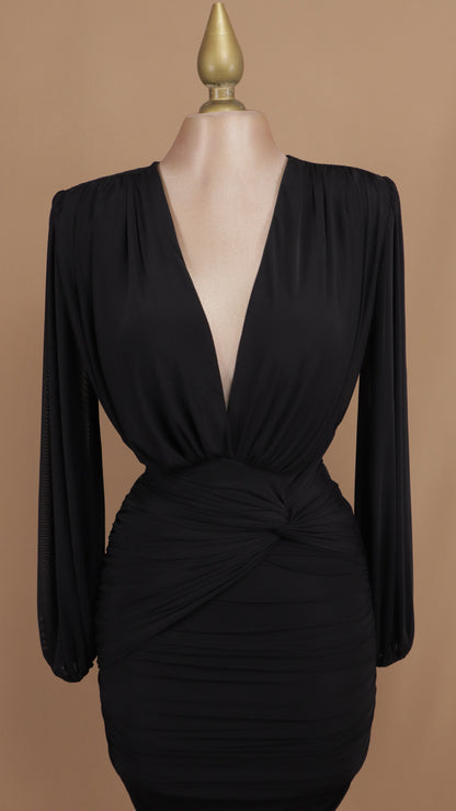 Vestido midi manga larga con plisado en cintura