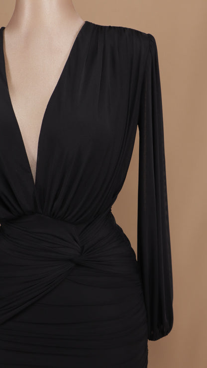 Vestido midi manga larga con plisado en cintura