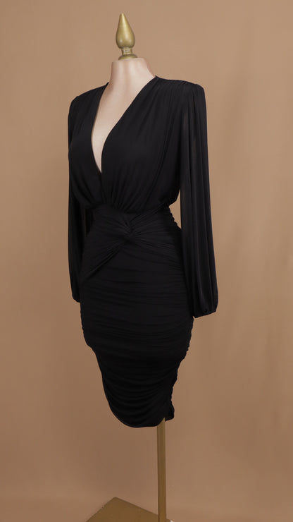 Vestido midi manga larga con plisado en cintura