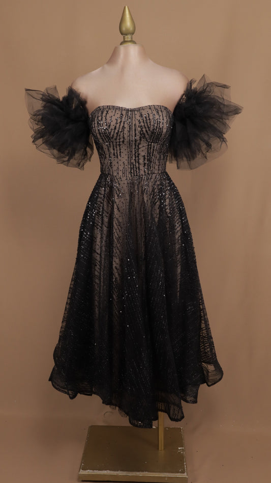 Vestido maxi al hombro con lentejuela