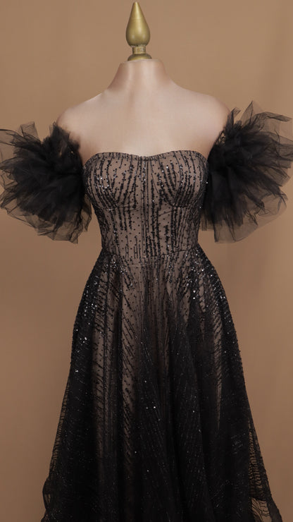 Vestido maxi al hombro con lentejuela