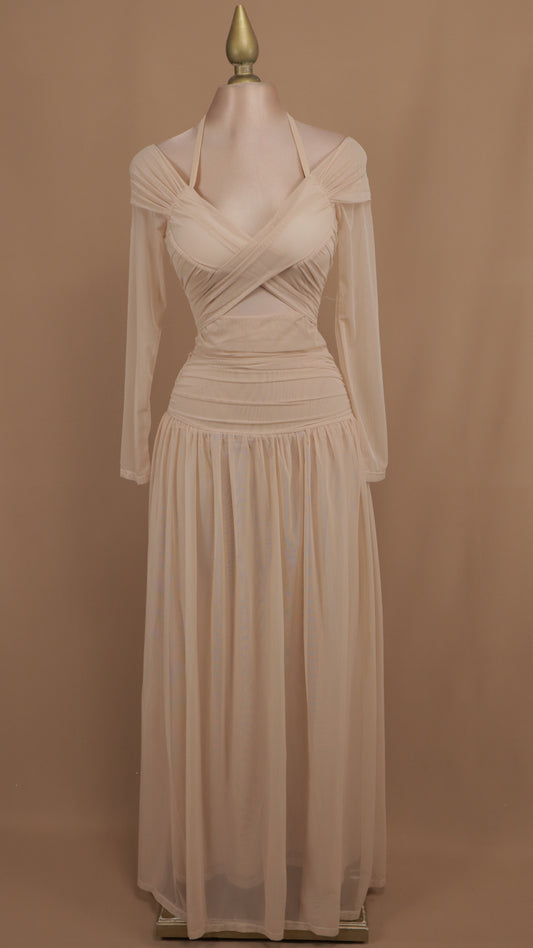 Vestido largo manga larga con escote en cintura