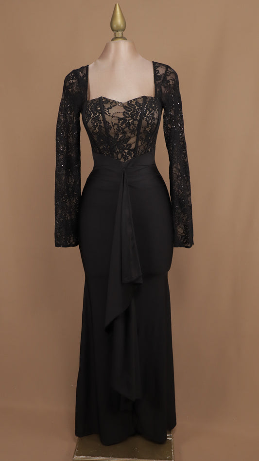 Vestido largo manga larga con escarola y encaje