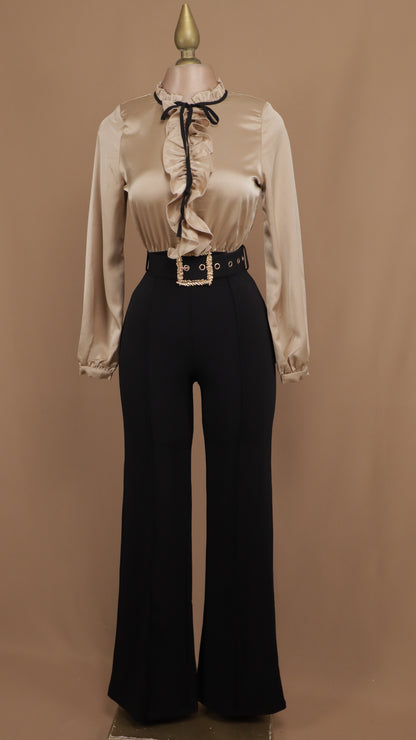 Palazzo manga larga satinado con listón en cuello