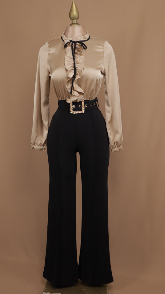 Palazzo manga larga satinado con listón en cuello