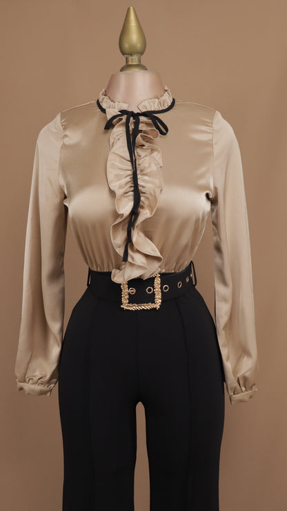 Palazzo manga larga satinado con listón en cuello