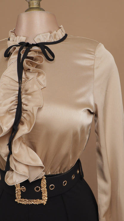 Palazzo manga larga satinado con listón en cuello