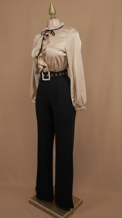 Palazzo manga larga satinado con listón en cuello